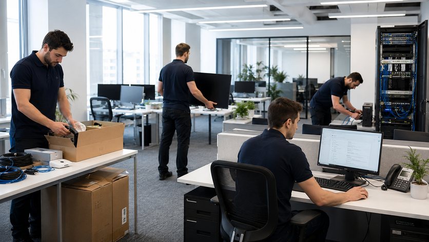 IT-Techniker richten Büro-Arbeitsplätze, Hardware und Netzwerk ein – Symbolbild